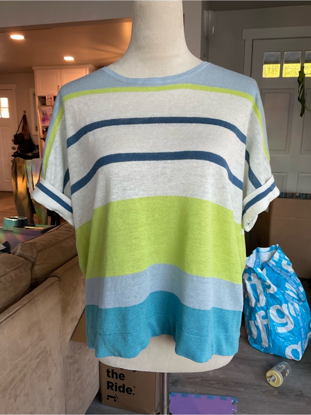 🐳Esthème Paris Linen Striped Short Sleeve Dolman Sweater Lime Blue M